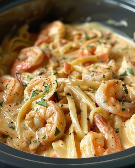 My hubby asks me to make this for him all the time! Crock Pot Recipes Shrimp, Seafood Pasta Crockpot, Seafood Crockpot Recipes Slow Cooker, Slow Cooker Garlic Shrimp Pasta, Crockpot Recipes Seafood, Shrimp Slow Cooker Recipes, Shrimp Scampi Pasta Bake, Large Shrimp Recipes Dinners, Recipe With Cooked Shrimp