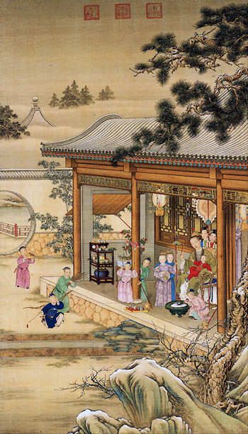 Emperor Qianlong’s Pleasure during Snowy Weather. c. 1736-1738. From Chiumei Ho: The Glorious Reign of Emperor Qianlong, London 2004. Painting by Giuseppe Castiglione Giuseppe Castiglione, Chinoiserie Panels, Art Chinois, Chinese Art Painting, Asian Painting, Chinoiserie Wallpaper, Forbidden City, Chinese History, Art Painting Gallery