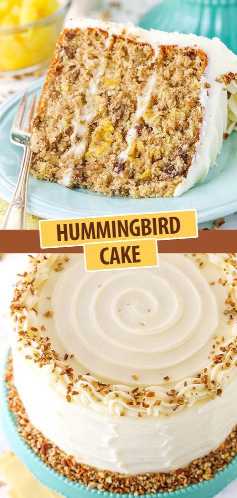 This Hummingbird Cake is tender, moist and delicious! It's full of banana, pineapple, pecans and spices and covered in cream cheese frosting! Easy Hummingbird Cake, Hummingbird Cake Recipe, Cookies And Cream Frosting, Hummingbird Cake Recipes, Southern Cake, Hummingbird Cake, Kid Desserts, Bird Cakes, Best Cake Recipes