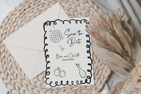 Save The Date wedding canva template with fun hand drawn curly border, quirky disco ball, champagne and ring illustrations and scribble drawings.  This black and white save the date can have all colours changed to match your event.  Swap out and rescale motifs to customise and personalise your stationery. Sizes included  US - 5 x 7" invitation EU, AU, World - A5 14.8 x 21cm invitation  Edit and print yourself. *Please ask if you would like a different size. Once purchased you will receive an ema Scribble Drawings, Hand Drawn Border, Printable Invitation Templates, Doodle Illustration, Champagne Wedding, Floral Border, Disco Ball, Wedding Invitation Paper, Wedding Saving