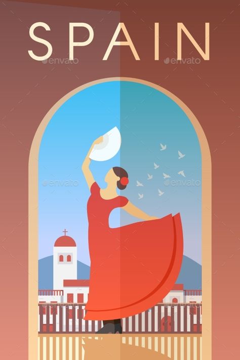 Spain. Vector Poster. by mikalaimanyshau Vector retro poster. Spain. Flamenco dancer in red dress with fan in her hand. Flat design. Spain Flamenco, Tourism Design, Spanish Posters, Spain Design, Flamenco Dancer, Vector Poster, Tourism Poster, Simple Poster, Flamenco Dancers