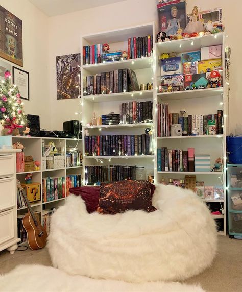 Room For Readers, Cozy Beanbag Corner, Beanbag Corner Ideas, Reading Corner Bookshelves, Library And Record Room, Library Corner In Bedroom, Beanbag Room Decor, Room Decor Bedroom Bookshelf, Rooms With Bookshelves Aesthetic