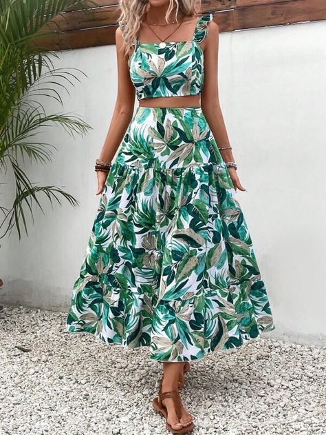 SHEIN VCAY Tropical Print Ruffle Trim Top & Skirt | SHEIN USA Tropical Attire For Women, Backless Halter Top, Ruffle Trim Top, Trim Top, Skirts Online, African Attire, Two Piece Outfit, Tropical Print, Ruffle Trim