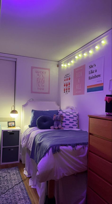 Pink And Purple Dorm Room, Blue And Purple Dorm Room, Blue And Pink Dorm Room, Dorm Room Inspo Pink, Pink And Blue Dorm Room, Pink And Blue Dorm, Blue Dorm Room Aesthetic, Red Dorm, Purple Dorm Rooms