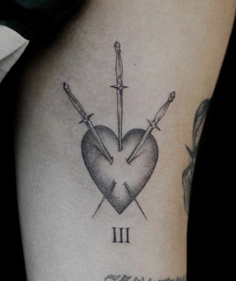 Cupid With Arrow Tattoo, Heart With 3 Swords Tattoo, Heart Swords Tattoo Ideas, Soft Goth Tattoo Ideas, Three Of Swords Tarot Tattoo, Two Of Swords Tattoo, Guarded Heart Tattoo, Heart Tattoo Sternum, Dagger In Heart Tattoo