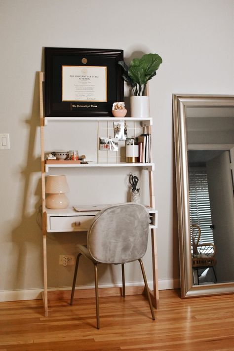 Tall Desk Ideas, Small Apartment Study Area, Small Ladder Desk, Ladder Desk Living Room, Ladder Desk Office, Leaning Desk Small Spaces, Ladder Desk Vanity, Desk For Apartment, Desk Alternatives Small Spaces