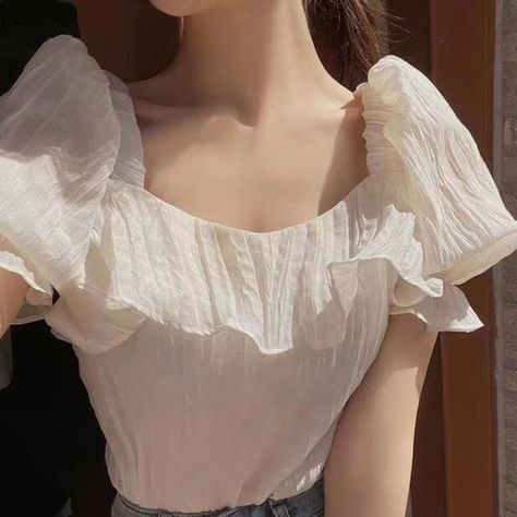 Flare Short Sleeve Ruffle Blouse Shirts Chiffon Dress Pattern, Spring Korea, Chic Tops, Polyester Spandex Fabric, Indian Dress, Blouse Price, Chic Top, Women Blouses, Blouse Patterns