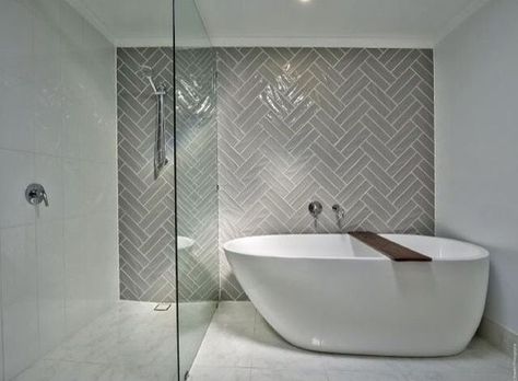 Grey Bathroom With Feature Wall, Grey Feature Wall Bathroom, Bath Feature Wall Tile, Herring Bone Shower Wall, Herring Bone Tiles Bathroom, Grey Herringbone Shower Tile, Herringbone Feature Wall Bathroom, Double Herringbone Tile Bathroom, Herringbone Accent Wall Bathroom