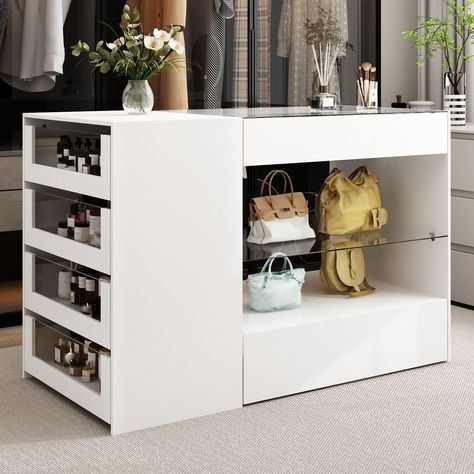 Dressing Island, Bedroom Island, Armoire Bedroom, Cloakroom Storage, White Organizer, Glass Display Shelves, Closet Island, White Dresser, Dressing Area