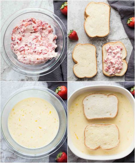 Simple and delicious recipe for how to make french toast with a cheesecake and strawberry filling. Open Faced Breakfast Sandwich, Cheesecake Stuffed French Toast, Stuffed French Toast Recipe, Breakfast Cheesecake, Stuffed French Toast, Make French Toast, Breakfast Sweets, Recipe Simple, Strawberry Filling