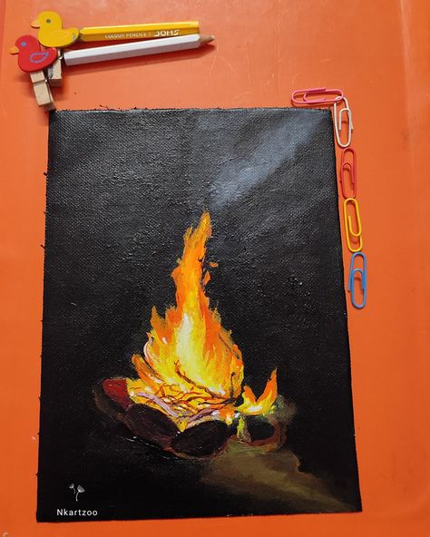 Easy Fire Painting, Fire Painting Acrylic Easy, Bonfire Painting, Short Painting, Watercolor Course, Record Decor, Derby Car, Fire Drawing, Fire Painting