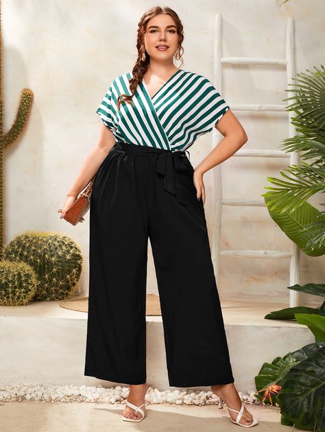 Multicolor Elegant Collar Short Sleeve Polyester Striped Culottes Embellished Slight Stretch  Plus Size Jumpsuits & Bodysuits Culottes Plus Size Outfit, Black Culottes Outfit Casual, Semi Formal Plus Size Outfit, Semi Formal Outfits For Women Plus Size, Elegant Curvy Outfit, Formal Outfits For Women Plus Size, Elegant Plus Size Outfits Classy, 2xl Women Plus Size Outfits, Plus Size Jumpsuit Outfit Casual