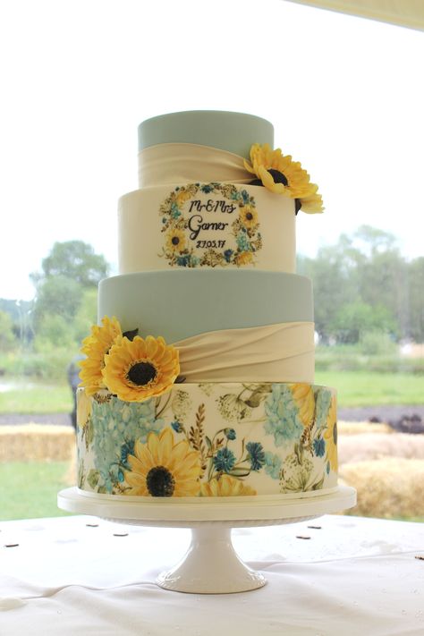 Blue Wedding Theme With Sunflowers, Sunflower And Blue Wedding Cake, Dusty Blue And Yellow Wedding Cake, Dusty Blue And Sunflower Wedding Cake, Sunflower Wedding Cake Ideas, Blue And Yellow Wedding Cake, Cornflower Wedding, August Wedding Colors, Yellow Wedding Cake