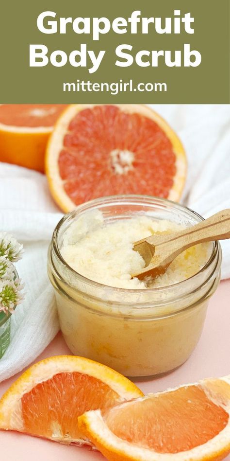 Treat your hands, feet – and the rest of your body – to an exfoliating and moisturizing scrub! This 3 ingredient grapefruit body scrub takes minutes to mix up and will leave your skin super soft. #diy #bodyscrub #grapefruit #selfcare