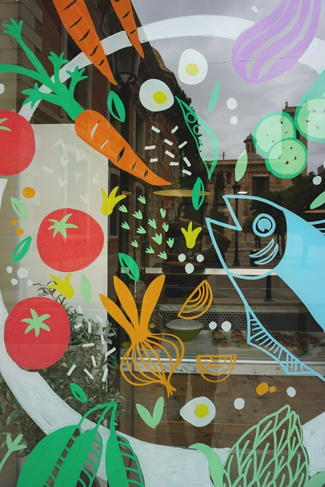 Window painting for Domèstic Simple Kitchen on Behance Grocery Store Window Display, Vegetable Mural, Classroom Window Display, Painting Ideas Valentines, Window Painting Spring, Store Window Painting, Window Paintings, Window Paint, Vegetable Painting