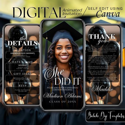 Black Graduation Invitation Animated Graduation Grad Invite Graduation Video Evite Graduation Digital Party Modern Graduation Announcement by BalakeDigiTemplates on Etsy University Graduation Invitations, Graduation Ceremony Invitation, Senior Graduation Invitations, Graduation Video, Boho Graduation, Graduation Invitations High School, Graduation Announcement Template, Graduation Dinner, Black Graduation