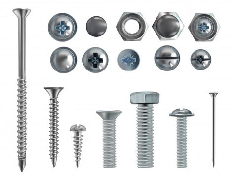 3d realistic illustration of stainless steel bolts, nails and screws on white background. Free Vector Build Outdoor Furniture, Diy Furniture Building, Realistic Illustration, Pocket Screws, Stainless Steel Bolts, Drywall Screws, Pocket Hole Screws, Nuts And Washers, Nails And Screws