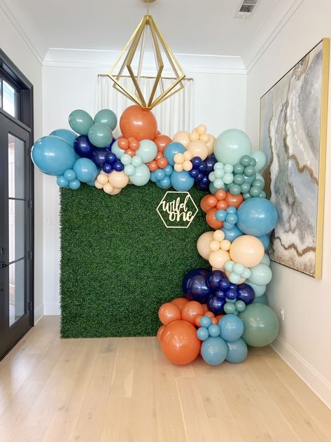 Fish Theme Balloon Garland, Blue And Yellow Balloon Arch, Blue Green Yellow Balloon Garland, 1st Birthday Balloon Garland, Red Yellow Blue Green Balloon Garland, The Big One Surf Birthday Balloon Arch, Hedge Wall Backdrop, Confetti Cups, Backdrop Greenery