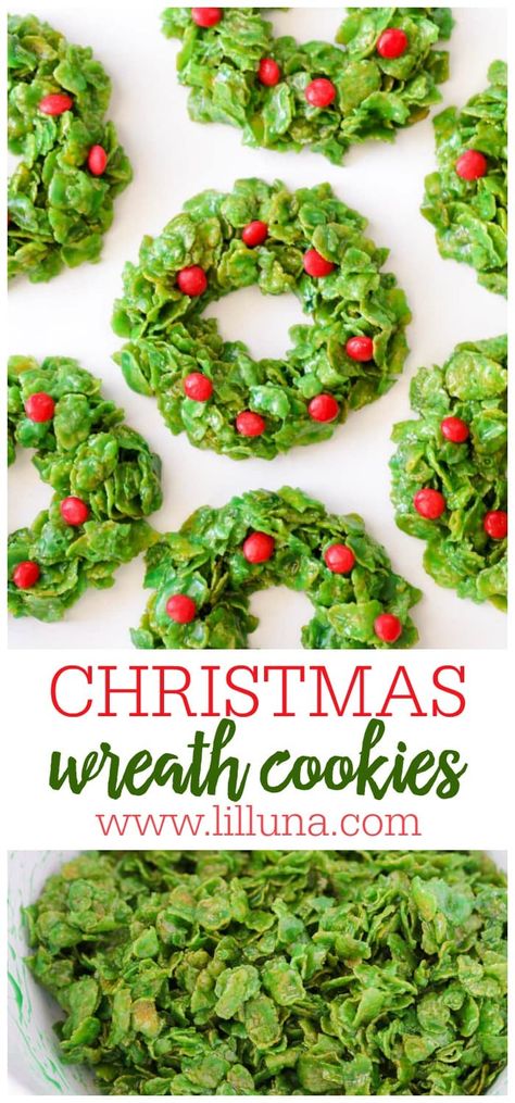 Christmas Wreath Cookies are made from cornflakes mixed in a marshmallow coating and speckled with cinnamon candies. They are fun kid-friendly goodies. #christmas #cookies #cornflakes #wreathcookies #christmascookies Cornflake Wreaths, No Bake Christmas, Holiday Candies, Christmas Wreath Cookies, Berry Cookies, Bake Christmas, Traditional Christmas Cookies, Seasonal Baking, Pinterest Christmas