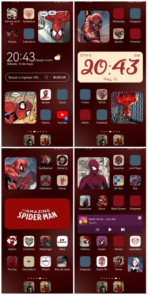 Spiderman Phone Aesthetic, Spiderverse Homescreen Layout, Spider Punk Homescreen, Phone Themes Spiderman, Spider Man Themed Phone Layout, Spiderman Homescreen Ideas, Homescreen Layout Spiderman, Spiderman Homescreen Wallpaper, Spider Man Phone Layout