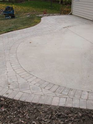 Paver Extension Patio, Pavers Next To Concrete Patio, Concrete Patio With Paver Extension, Pavers Around Concrete Patio, Concrete Patio Extension, Patio Extensions, Extending Patio, Circle Patio, Patio Extension