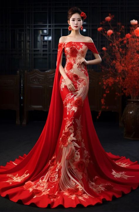 Chinese Modern Wedding Dress, Prom Dresses Chinese, Phoenix Wedding Dress, Christmas Couture, Chinese Style Wedding Dress, Modern Chinese Wedding Dress, Chinese Prom Dress, Asian Attire, Thai Dresses