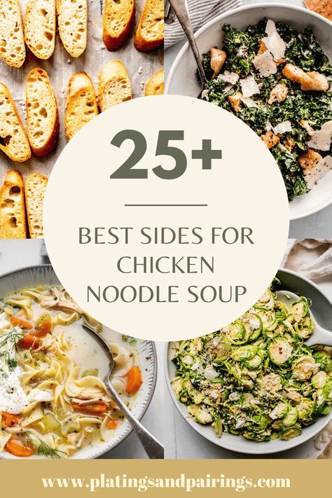 Wondering what the best sides for chicken noodle soup are? I’ve got you covered with this handy guide of 25+ tasty sides. From salads, veggies & more! Chicken Noodle Side Dish, What To Eat With Chicken Noodle Soup, Chicken Noodle Soup Sides Dishes, What To Serve With Chicken Noodle Soup, What Goes With Chicken Noodle Soup, Sides For Chicken Noodle Soup, Chicken Noodle Soup Sides, What Goes With Soup, Side Dishes For Soup Dinners