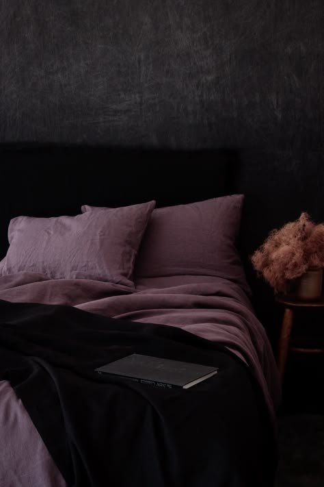 Plum Bedding Ideas, Moody Gothic Bedroom, Moody Bedding Sets, Eggplant Bedding, Purple Comforter Bedroom, Dark Plum Bedding, Black Sheets Bedroom Ideas, Purple And Black Room Ideas, Plum Bed