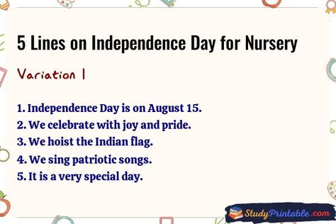 5 Lines on Independence Day for Nursery Variation 1 Lines On Independence Day, Patriotic Songs, Indian Flag, August 15, Study Materials, Independence Day, Special Day, Singing, Nursery