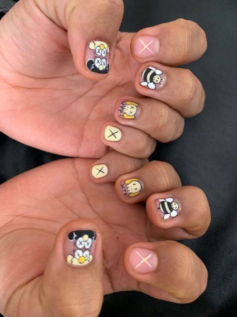 Man Gel Nails, Manicure Design Ideas Men, Kaws Inspired Nails, Men’s Nails Design, Man Manicure Design, Boy Nail Ideas, Stud Nails Designs, Asap Rocky Nails, Men Nails Art