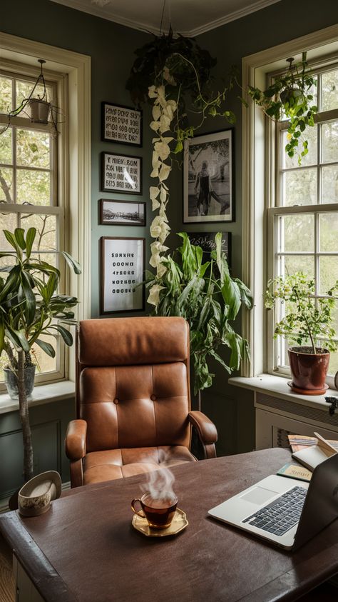 Non Traditional Office Space, Boho Home Office Aesthetic, Home Office Witchy, Modern Vintage Office Decor, 1920s Office Decor, Dark And Moody Home Office, Bright Home Office Ideas, Apothecary Office Decor, Light Academia Office Aesthetic