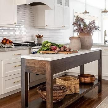 Freestanding Oak Island on Wheels - Cottage - Kitchen Freestanding Island, Marble Top Kitchen Island, Brass Kitchen Island, French Style Kitchen, Island On Wheels, Light Blue Kitchens, Freestanding Kitchen Island, Marble Kitchen Island, Rustic Wood Floors