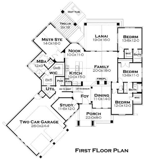 The main floor plan of the house showing the various areas starting from the large garage, the porch, dining room, bedrooms as well as the large area housing the family room, kitchen and nook. House Plans 2500 Sq Ft, European Cottage House Plans, Craftsman Cottage, Basement House Plans, French Country House Plans, House Plans One Story, Ranch House Plan, Country Cottage Decor, Lake House Plans