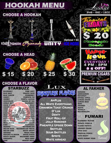 Lux Lounge Menu - Back!  Come to Lux Lounge in West Bloomfield, MI to relax with friends at a premiere hookah lounge in an upscale atmosphere!  Call (248) 661-1300 for more information! Watermelon Head, Bar Lounge Design, Rooftop Restaurant Design, Luxe Lounge, Lounge Lighting, Lounge Bar, Lounge Ideas, Lounge Design, Lounge Decor