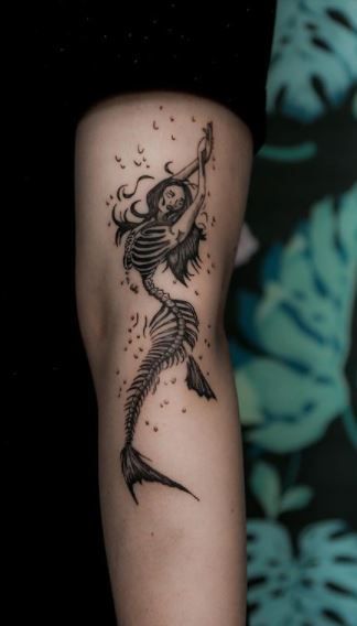 Spine Tattoos Mermaid, Siren Tattoo Scary, Mens Mermaid Tattoo, Siren Leg Tattoo, Realistic Siren Tattoo, Creepy Siren Tattoo, Mermaid Tattoo Ideas For Women Forearm, Cool Mermaid Tattoos, Large Mermaid Tattoo