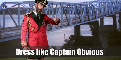 Dress like Captain Obvious (Hotels.com) Costume Captain Obvious, Grey Beards, Costume For Halloween, Yellow Trim, Full Beard, Black Loafers, Red Coat, Black Cap, Double Breasted Coat