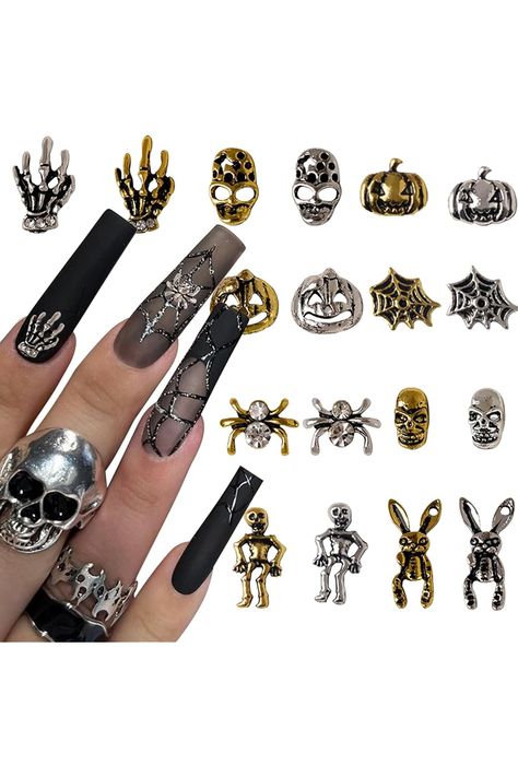 YOSOMK 72 PCS Halloween Nail Charms 3D Gold Silver Nail Art Charms Vintage Gothic Retro Punk Nail Supplies Skeleton Spider Pumpkin Design Mixed for Manicure Craft DIY Nail Art Decorations Accessories. Spider Pumpkin, Silver Nail Art, Nail Art Charms, Punk Nails, Silver Nail, Pumpkin Spider, Retro Punk, Nail Supplies, Diy Nail Art