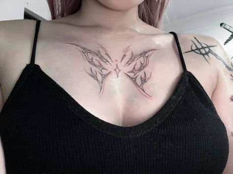 Pretty Collar Bone Tattoos, Throat Tattoos Women Simple, Chest Tattoo Girl, Any Tattoo, Satanic Tattoos, Sailor Moon Tattoo, Stick N Poke, Detailed Tattoo, Collar Bone Tattoo