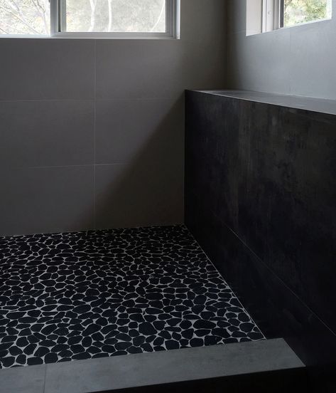 Black, White and Walnut: A Modern Master Bath Pebble Tile Shower Floor, Old Fashioned Bathtub, Stone Shower Floor, Modern Showers, Pebble Tile Shower, Pebble Shower Floor, Flooring Modern, Modern Shower Design, Modern Master Bath