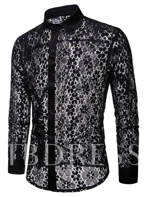 Hollow See-Through Lace Slim Men's Shirt Black Lace Shirt, Beige Pullover, Sheer Shirt, Lace Shirt, Mens Shirt Dress, Casual Shirts For Men, Types Of Shirts, Shirt Sleeves, Men Dress