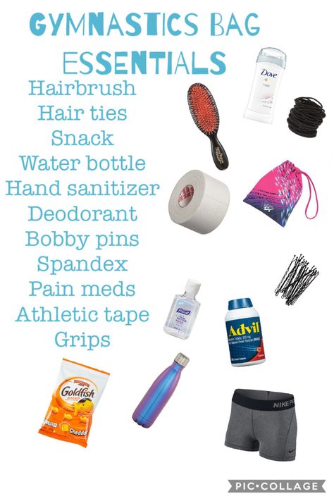 Everything you need for gymnastics Gymnastics Bag Essentials, Gymnastics Essentials, Sports Bag Essentials, Gymnastics Lessons, Gymnastics Stuff, Gymnastics Bags, Gym Hair, Gym Bag Essentials, Gymnastics Skills