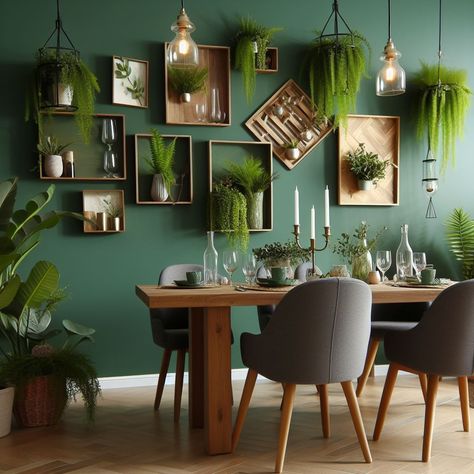 Plant Wall Dining Room, Living Room Design Green, Stylish Living Room Ideas, Dining Room Colour Schemes, Stylish Kitchen Design, Cozy Scandinavian, Green Dining Room, Scandinavian Designs, Dining Room Colors