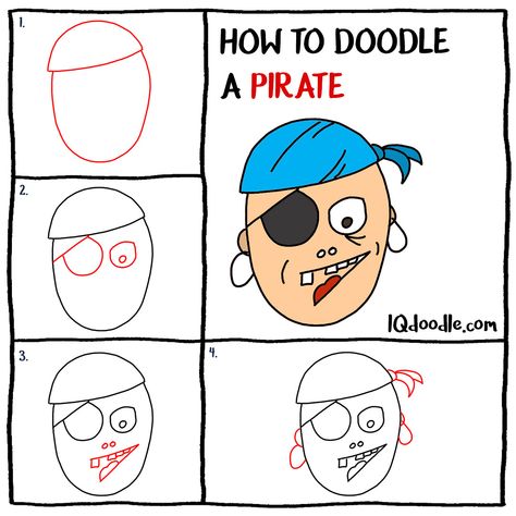 How to Doodle a Pirate How To Draw A Pirate, Pirate Doodle Easy, Pirate Face Drawing, Pirate Doodles, Pirate Tracing, Pirate Ship Doodle, How To Doodle, Draw Doodles, Tie A Necktie