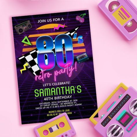 $2.00 | 80s Retro Birthday Party Invitation #80's birthday invitation, 80s birthday invitations, eighties birthday invitations, eighties birthday party, 80s themed birthday party, 80's party theme invitations, eighties, 80s, eighties party, 80's party Eighties Party, Retro Birthday Party, Retro Birthday Parties, 80s Birthday, 80th Birthday Invitations, 80s Theme Party, Gift Card Template, Glow Birthday, 40th Birthday Invitations