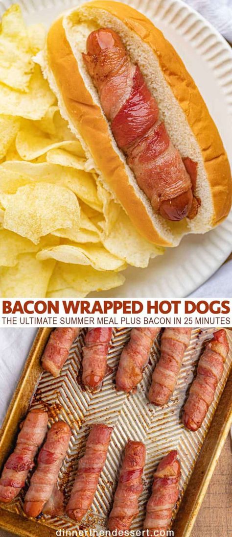 Baked hot dogs make the ultimate classic summer meal wrapped in slices of bacon and baked, they're ready to eat in 25 minutes. #hotdogs #summermeals #bbq #bacon #baconwrapped #barbecue #bakedhotdog #baconwrappedhotdog #dinner #easy #dinnerthendessert Bacon Hot Dogs, Baked Hot Dogs, Bacon Wrapped Hotdogs, Wrapped Hot Dogs, Crispy Sweet Potato Fries, Dinner Then Dessert, Crispy Sweet Potato, Bacon On The Grill, Beef Hot Dogs