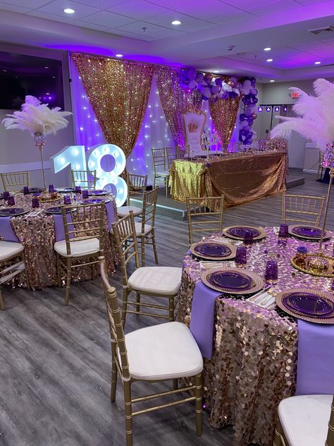 Purple Pink And Gold Birthday Party, Purple Gold Sweet 16, Royalty Theme Party Decoration, Purple And Gold Sweet 16, Purple And Gold Party Decorations, Royalty Theme Party, Tangled Quince, Debut Decorations, Gold Quinceanera Theme