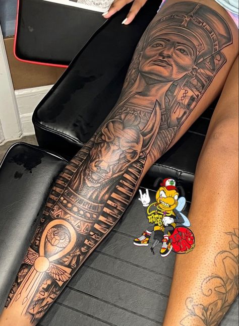 Leg Tattoo Egyptian, Egyptian Leg Sleeve Tattoo Women, Men's Tattoo Arm Sleeve, Alpha Phi Alpha Tattoo, Egpty Gods Tattoo, Black Men Tattoos Sleeve, Leg Sleeve Tattoo Male Black, Dark Skin Tattoo Men, Egyptian Leg Sleeve