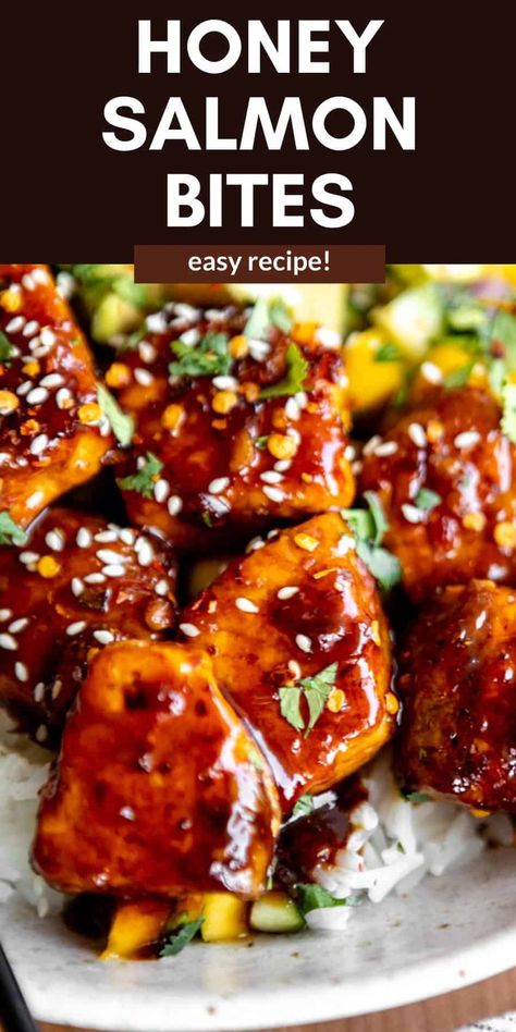 These honey garlic ginger salmon bites are easy to make, gluten free and served with mango avocado salsa. These salmon bites are coated in a sweet and spicy honey chili sauce and can be pan fried or made in the air fryer. The best healthy and easy dinner recipe. Honey Chili Salmon, Spicy Maple Salmon Bites, Sauteed Salmon Bites, Salmon Cubes Recipe, Salmon Chunks Recipe, Salmon Bites Recipe Air Fryer, Honey Chili Sauce, Glazed Salmon Bites, Fried Salmon Bites