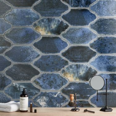 Arabesque Tile for Backsplash & Floors | TileBar.com Blue Tiled Fireplace, Navy Backsplash Kitchen, Navy Tile Backsplash, Navy Blue Tile Bathroom, Deep Blue Bathroom, Blue Kitchen Backsplash Tile, Blue Tile Backsplash Kitchen, Trout Pond, Blue Moroccan Tile