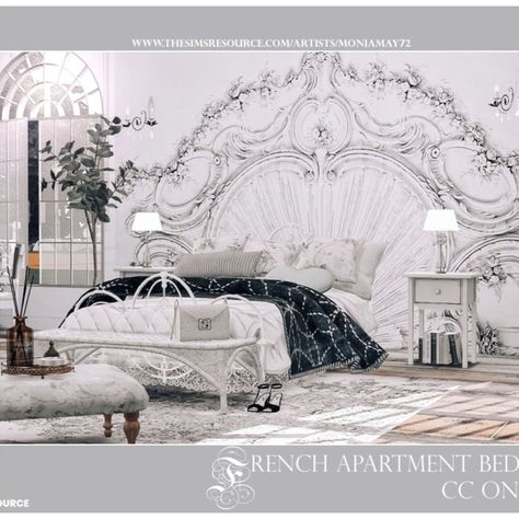 The Sims 4 French Apartment Bedroom. Custom Content was used. Download on The Sims Resource. This room is fully equipped. Download from TSR @TheSimsResource . #TS4 #kitchen #housescc #house #CC #sims4cc #ccfinds #ts4cc #ts4lots #tsr #TheSimsResource #sims4 #thesims4 #Moniamay72 #thesims4 #architecture #thesims4builds #TSR #french #apartment French Apartment Bedroom, Sims 4 Beds, French Style Bedroom, Resource Furniture, Sims 4 Family, French Apartment, Sims 4 Bedroom, French Bed, The Sims 4 Packs